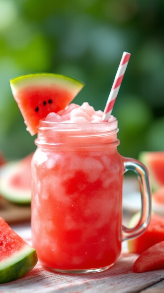 A refreshing watermelon slushy mocktail in a jar with a straw and watermelon slice