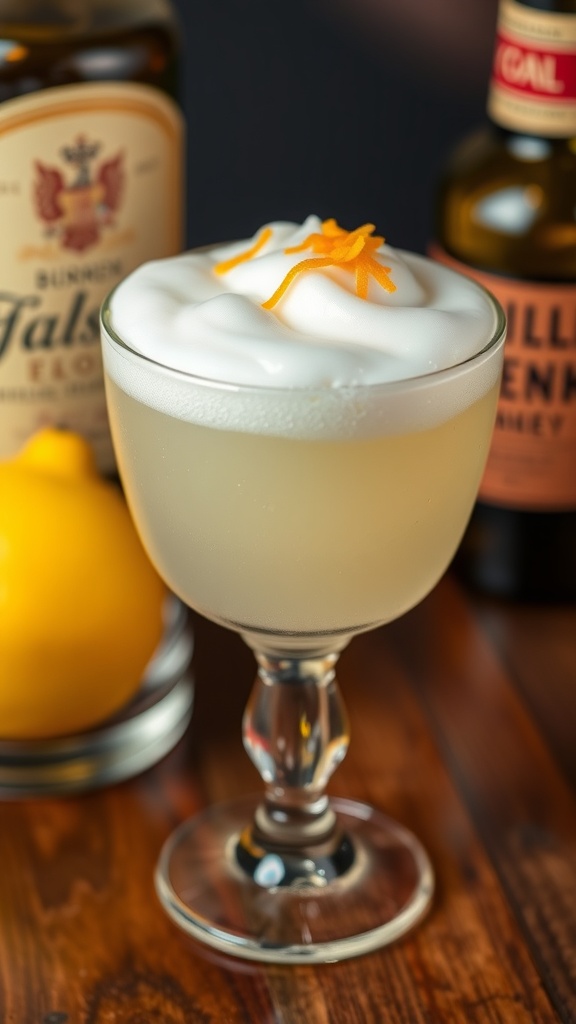 A whiskey-free sour mocktail garnished with lemon slices and served in a stylish glass.