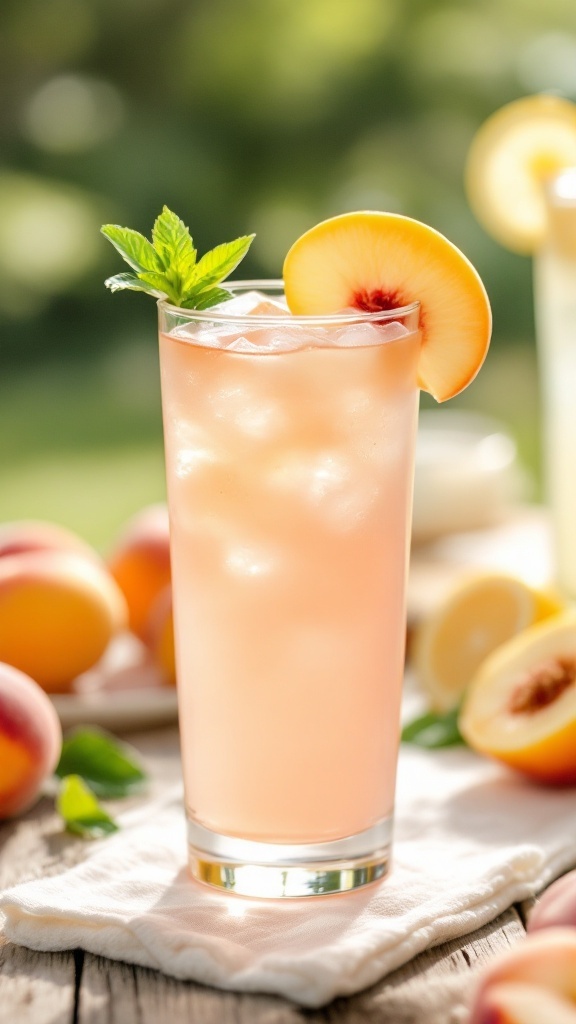 A refreshing glass of white peach lemonade mocktail garnished with a peach slice and mint leaves.