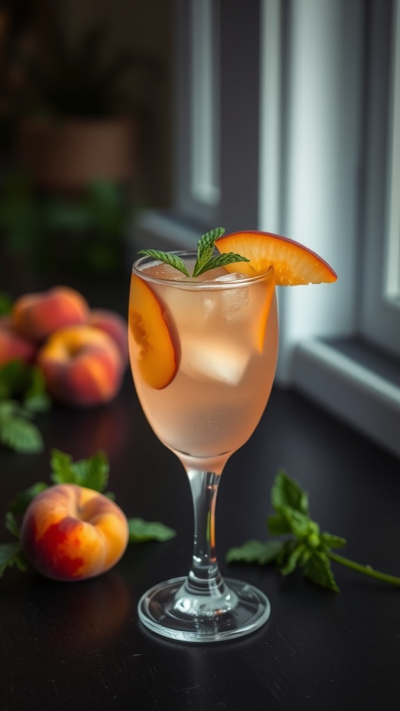 A refreshing White Peach Refresher Mocktail in a glass, garnished with a peach slice and mint.