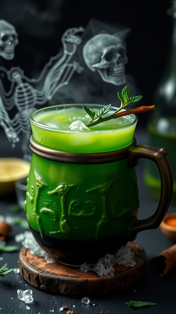 A vibrant green Witch's Brew Mocktail in a decorative mug, garnished with a sprig of mint.