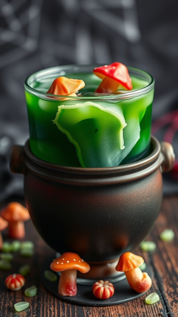 A spooky green mocktail in a cauldron with gummy mushrooms on top.
