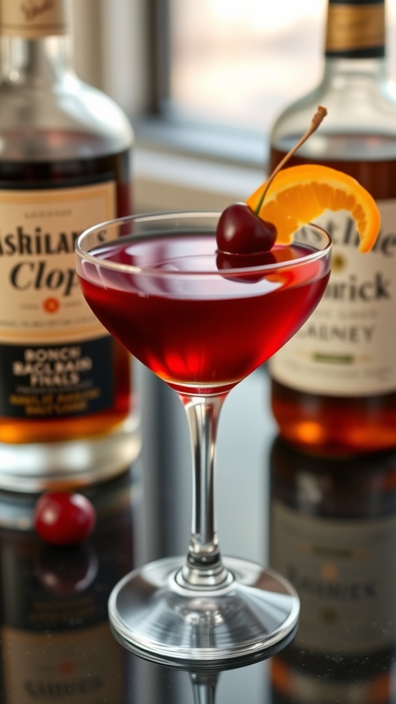 A stylish Manhattan mocktail garnished with a cherry and orange peel, alongside a bottle of whiskey alternative.