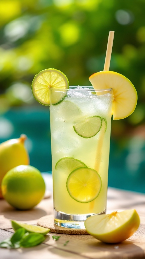 A refreshing glass of apple pear limeade juice with lime and apple slices.