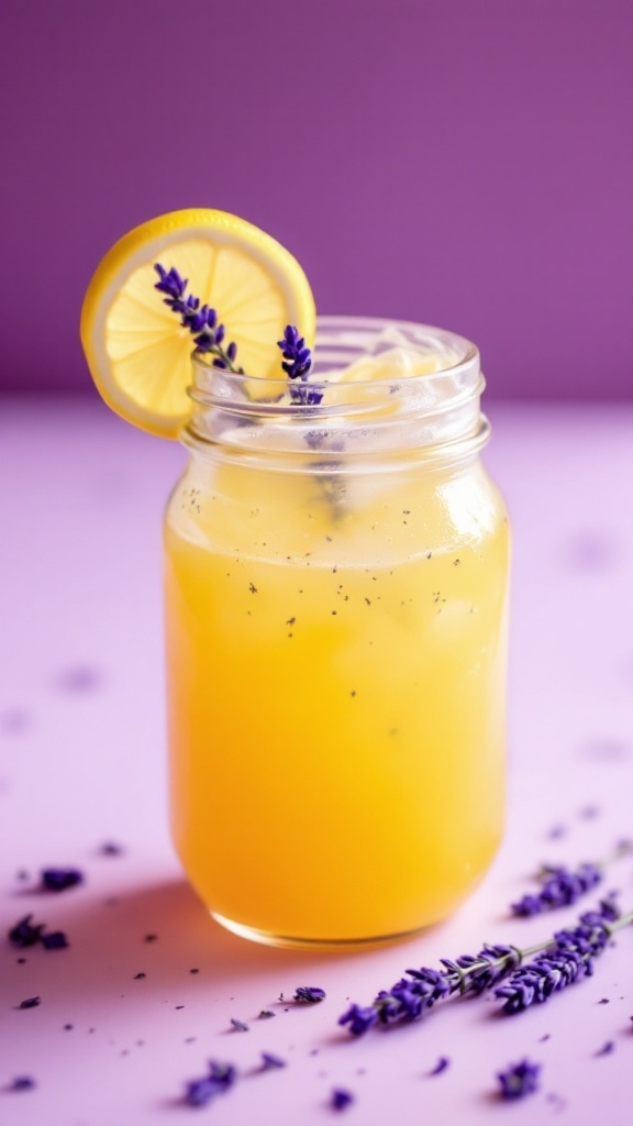 A refreshing lemon lavender mocktail in a jar with a lemon slice and lavender sprigs, set against a purple background.