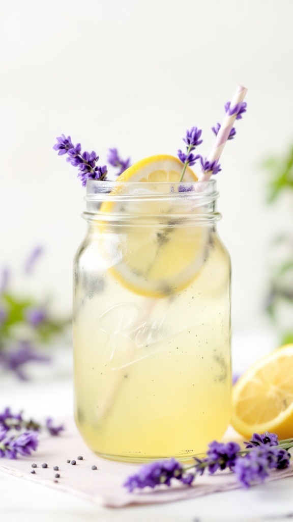 A refreshing Lemon Lavender mocktail in a jar with lavender sprigs and lemon slices