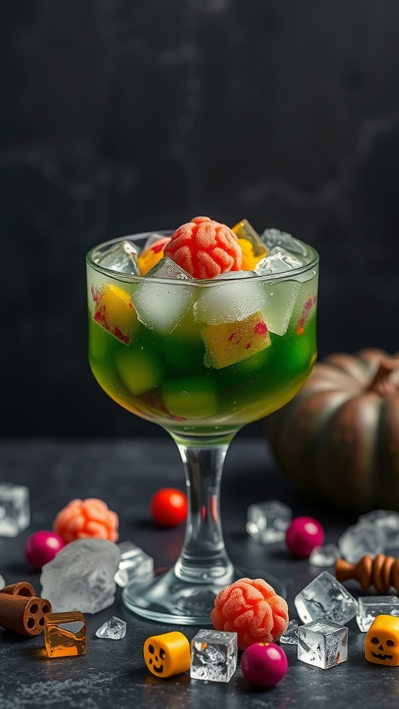 A spooky Zombie Punch Mocktail with colorful garnishes and ice.
