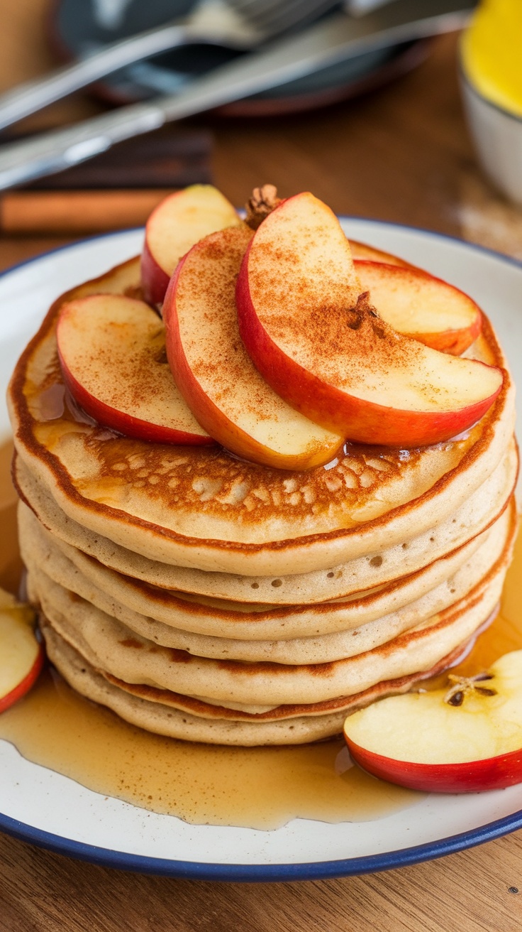 Stack of apple cinnamon pancakes topped with apple slices and syrup.