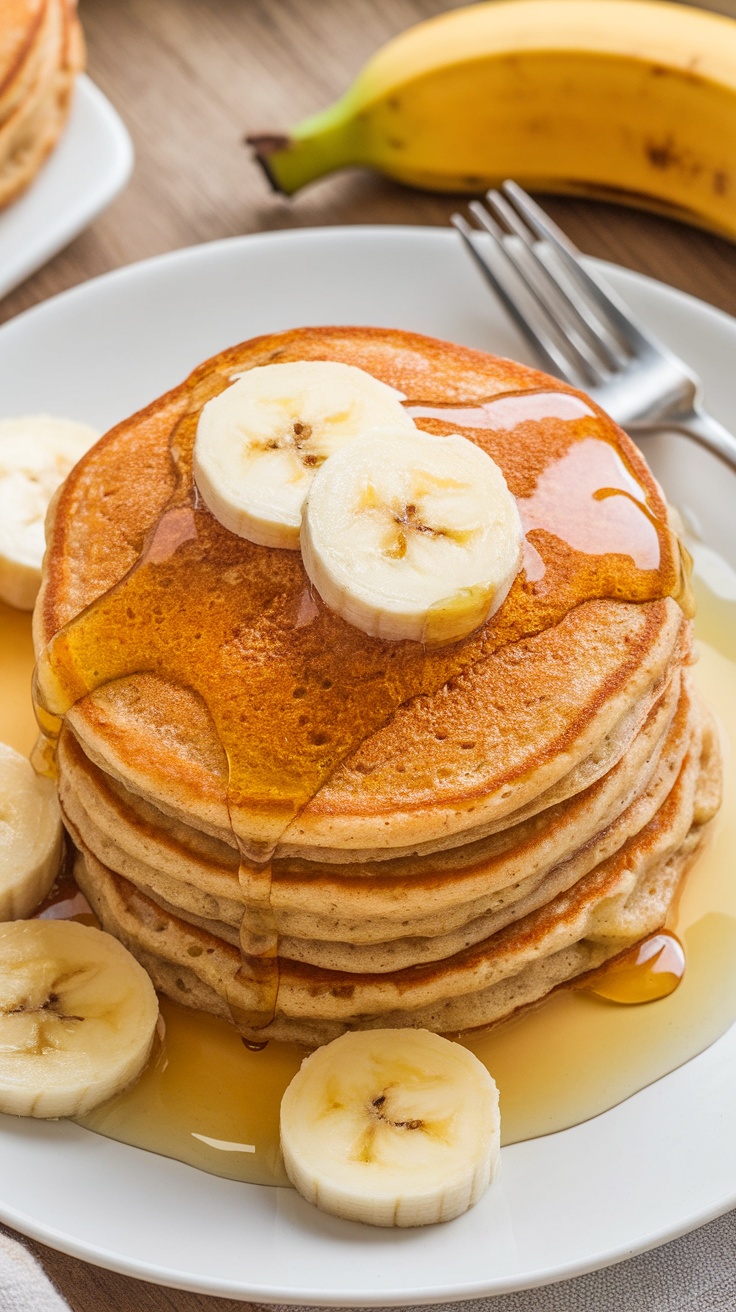 Delicious banana oatmeal pancakes stacked with banana slices and syrup