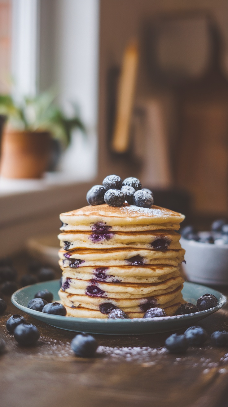 Stack of fluffy blueberry buttermilk pancakes