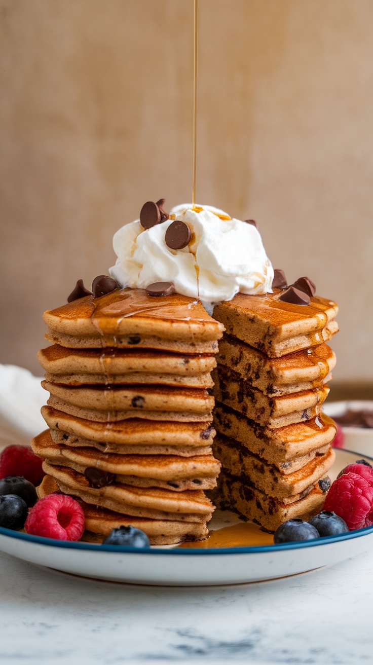 Stack of chocolate chip pancakes with syrup and whipped cream