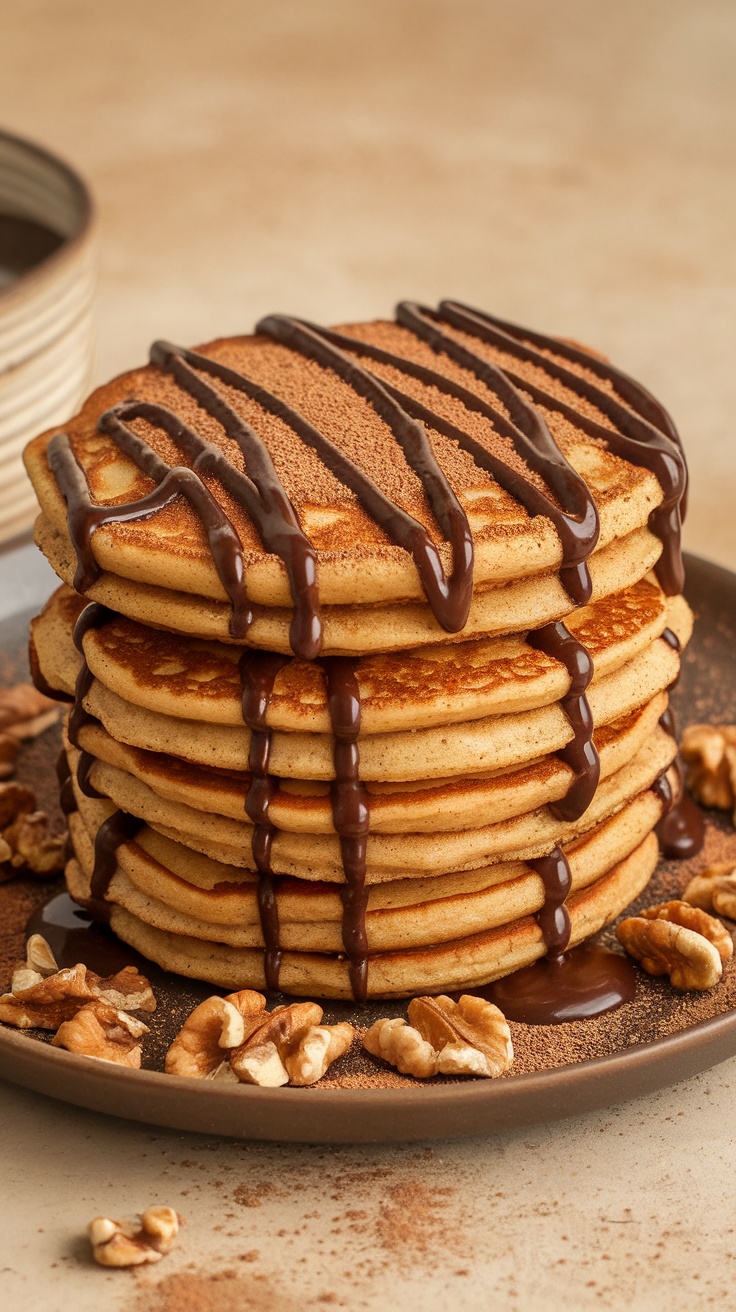 Stack of churro pancakes drizzled with chocolate sauce.