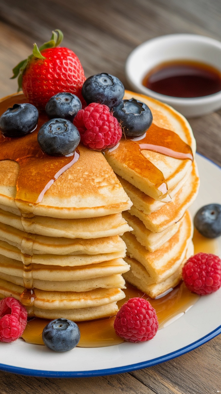 A stack of fluffy pancakes topped with fresh berries and syrup.