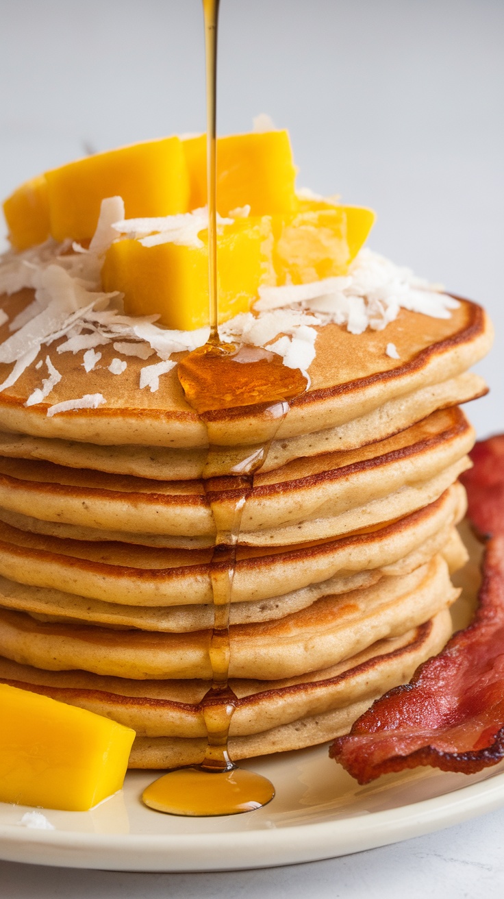 Fluffy coconut flour pancakes stacked high and topped with mango and coconut flakes, drizzled with syrup.