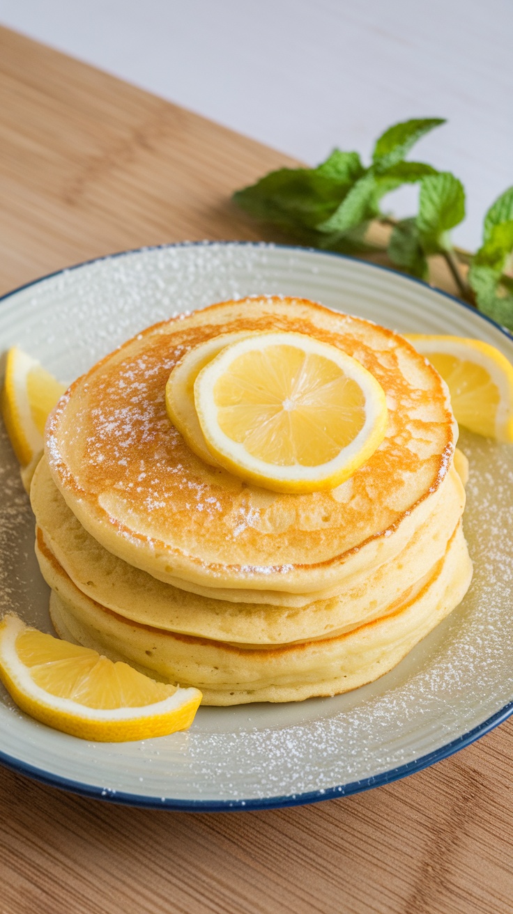 Stack of fluffy lemon zest pancakes garnished with lemon slices