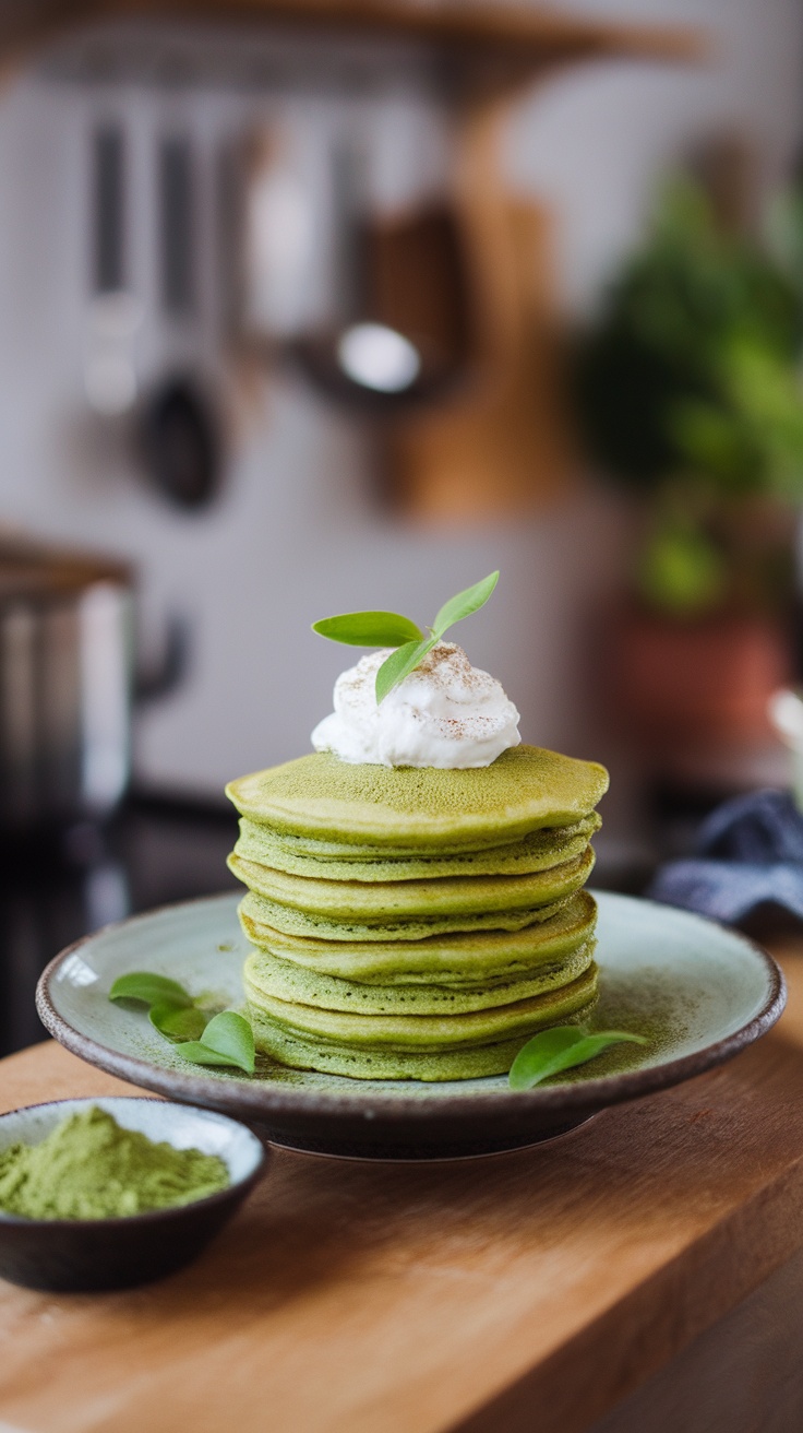 A stack of fluffy matcha green tea pancakes topped with whipped cream and leaves.