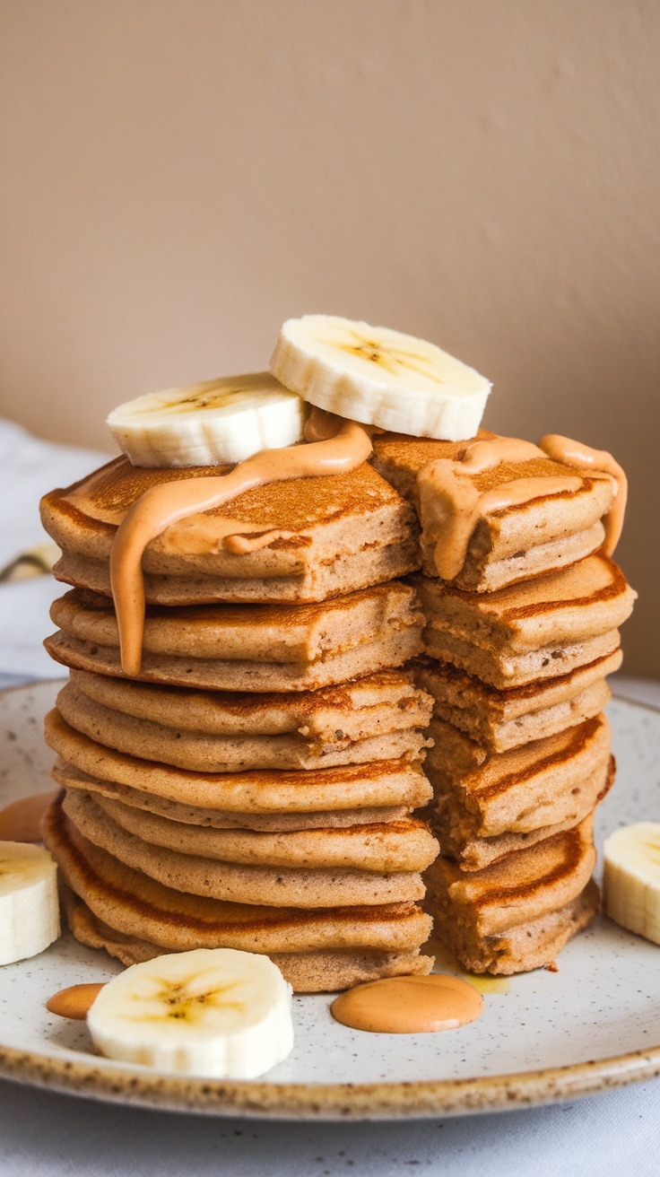 Stack of peanut butter banana pancakes with banana slices on top.