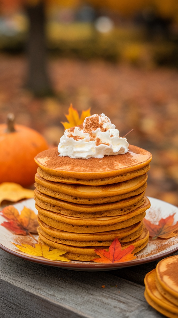 Stack of fluffy pumpkin spice pancakes topped with whipped cream and cinnamon.