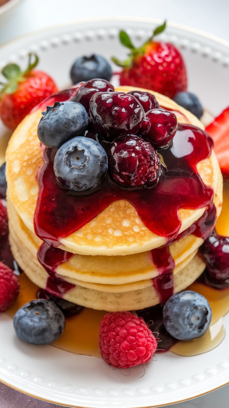 Fluffy ricotta pancakes topped with berry compote and fresh berries.