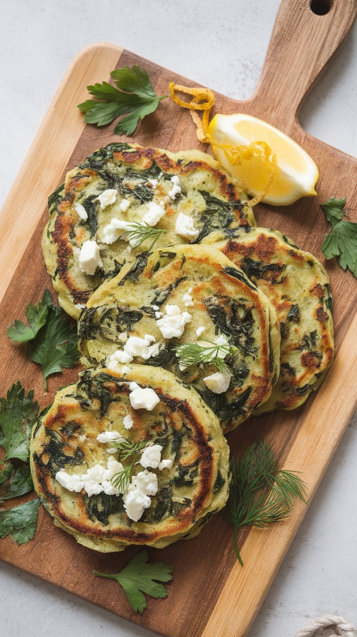 Savory Spinach and Feta Pancakes on a wooden board with lemon and herbs