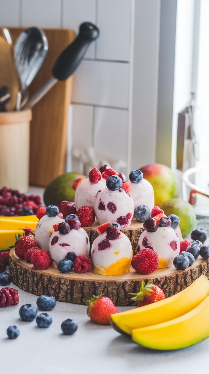 Refreshing frozen yogurt bites topped with mixed berries and banana slices