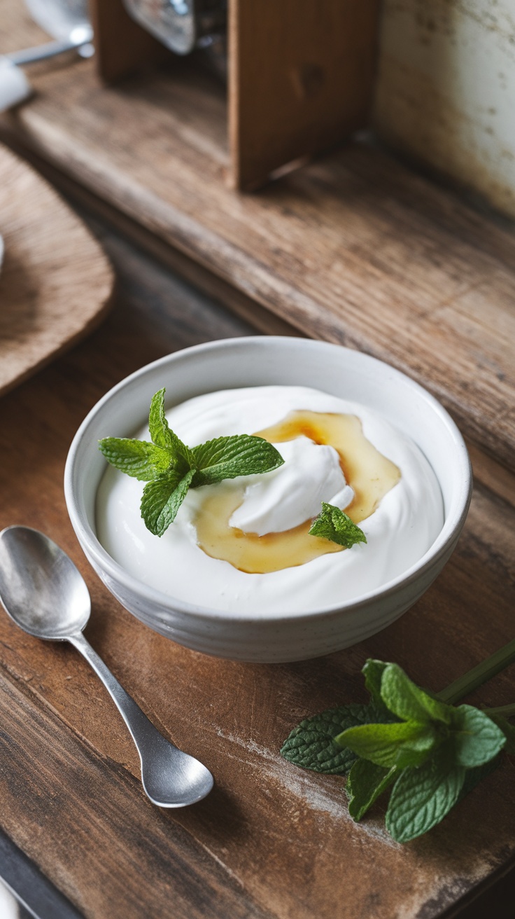 A bowl of creamy yogurt topped with honey and mint leaves on a wooden table.