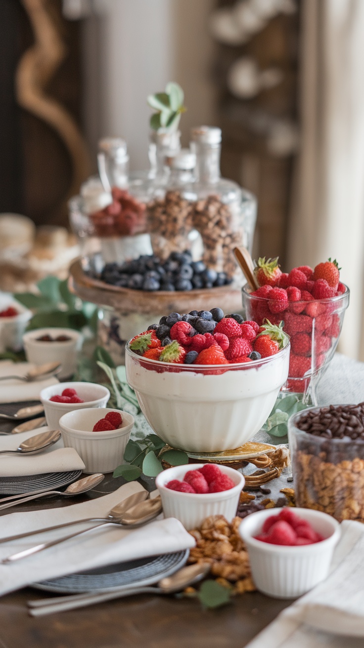 A variety of berries and yogurt displayed for a yogurt berry bite bar.