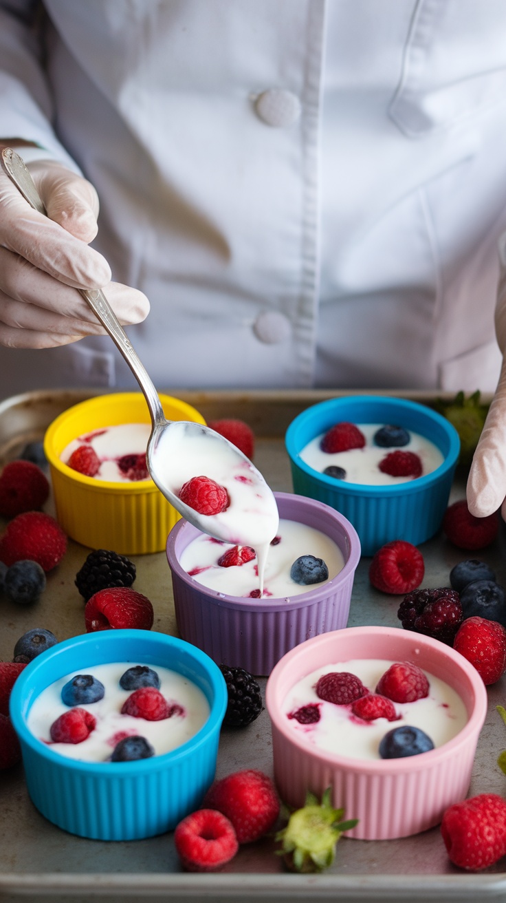 A chef filling colorful molds with yogurt and berries.