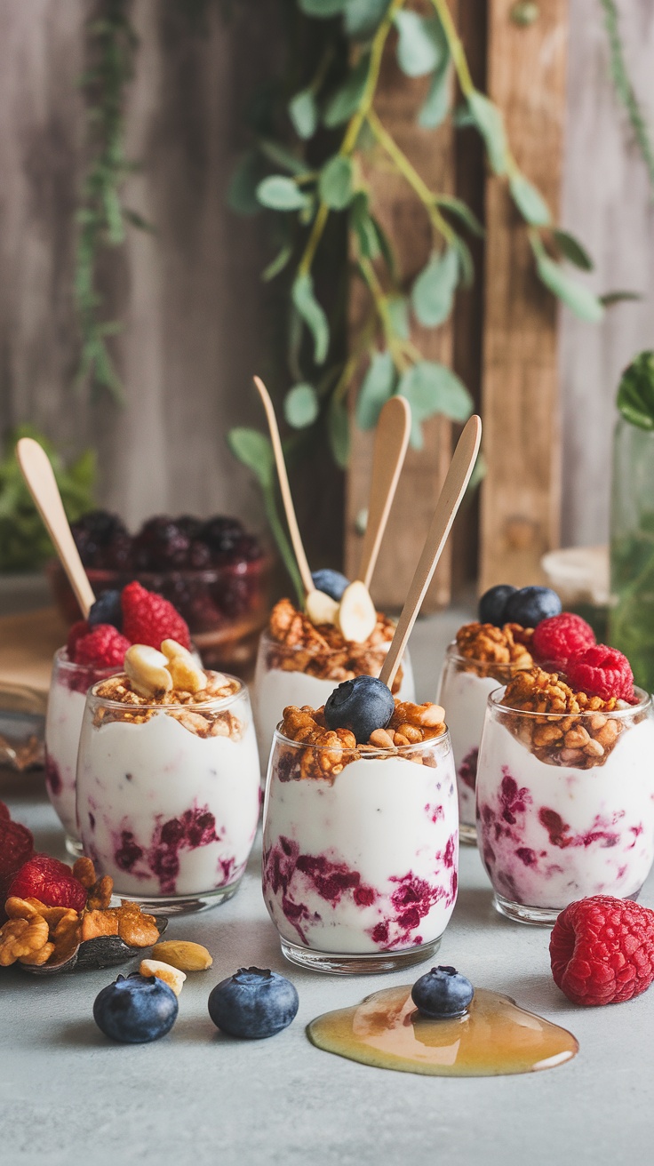 Colorful frozen yogurt berry bites in small cups topped with granola and fresh fruits.