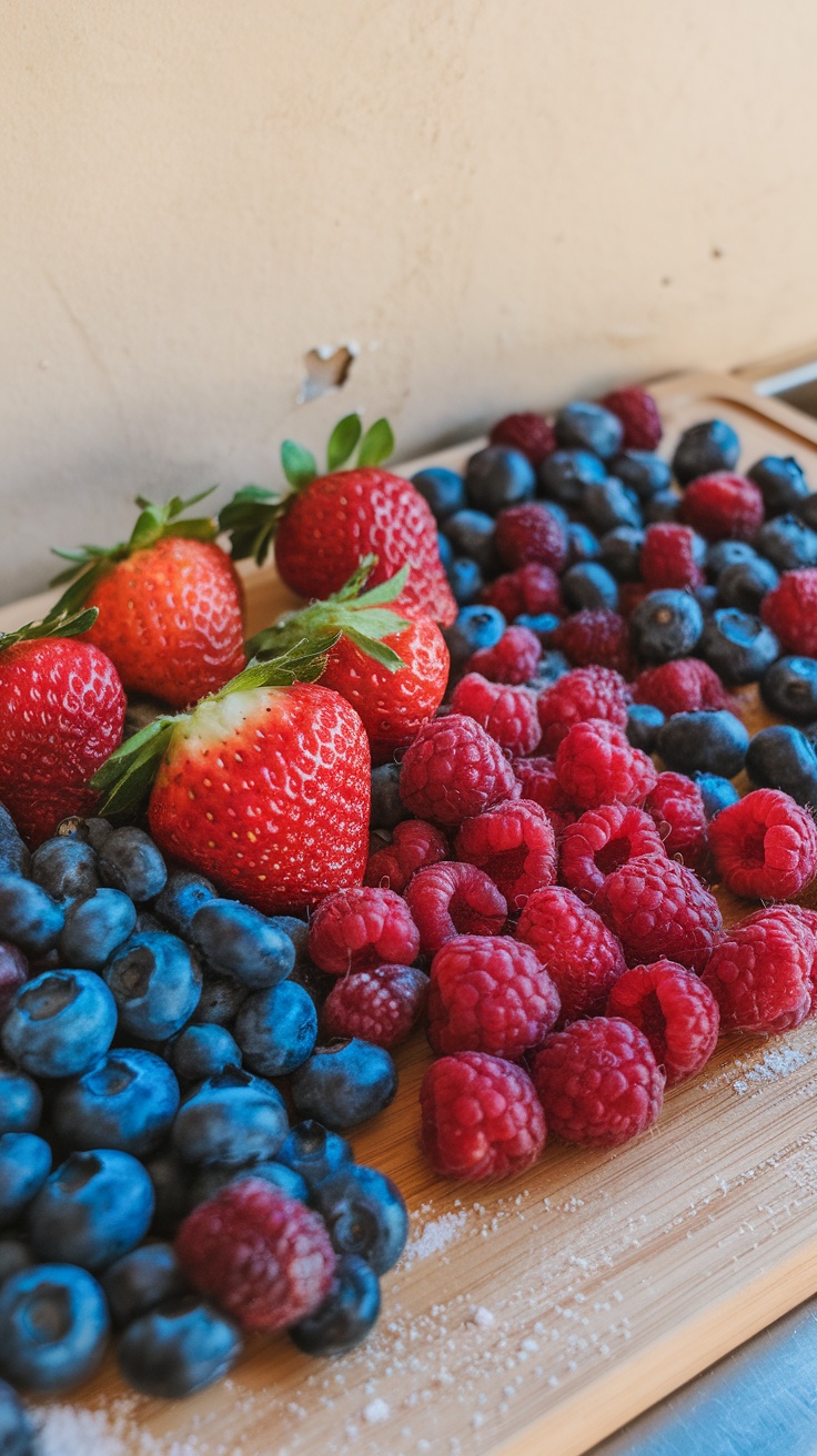 A vibrant assortment of fresh berries on a wooden board, including strawberries, raspberries, and blueberries.