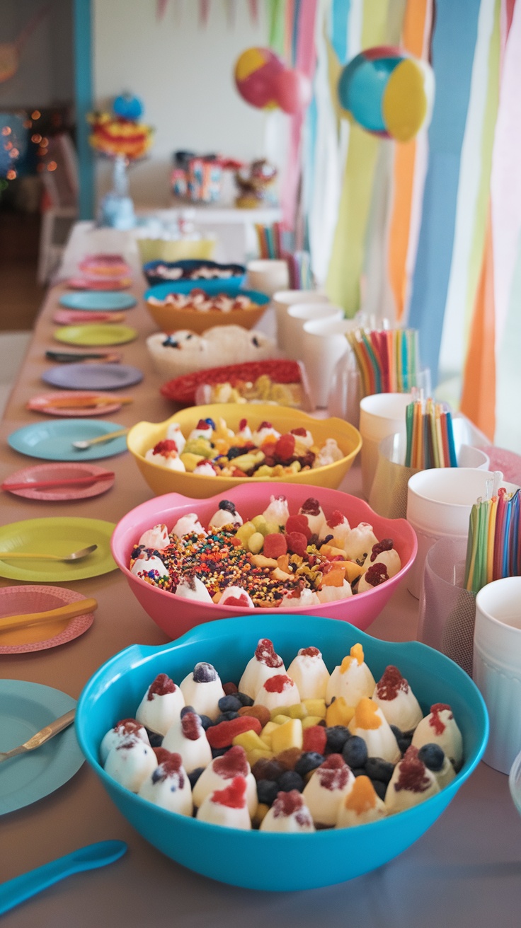 Colorful presentation of frozen yogurt berry bites with various toppings and bowls.