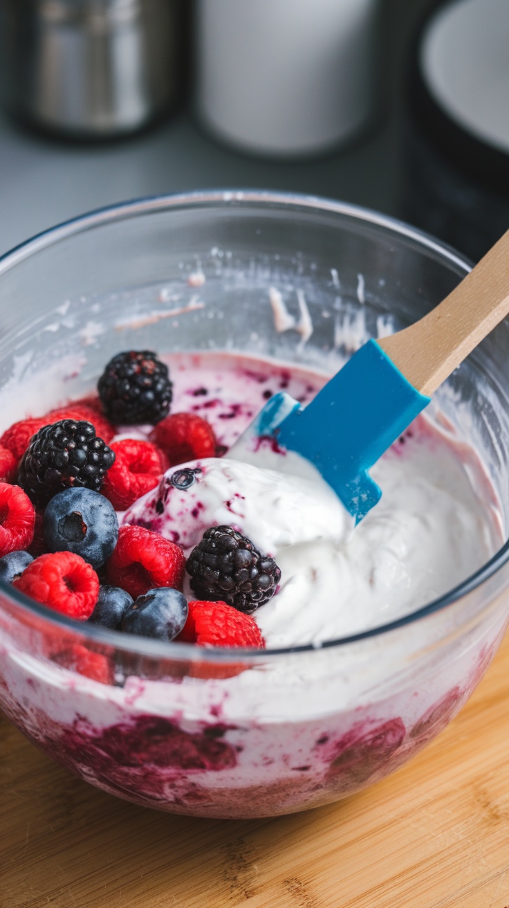 A mixing bowl with yogurt and mixed berries being combined with a spatula.