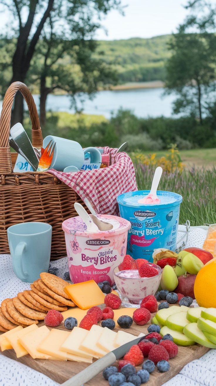 A picnic setup with frozen yogurt berry bites, fresh fruits, cheese, and crackers.