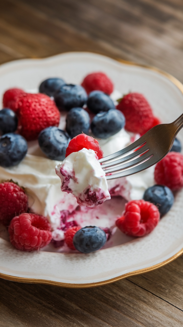 A plate of frozen yogurt berry bites with a fork lifting a bite