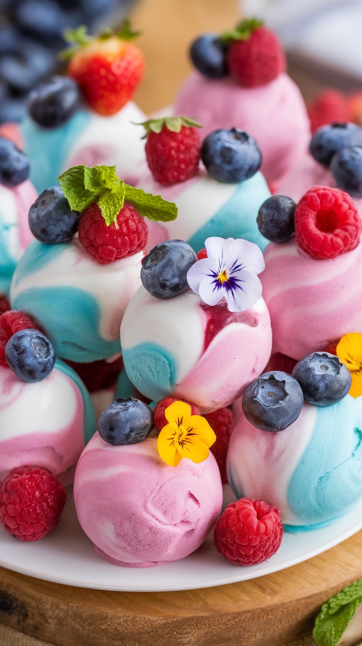 Colorful frozen yogurt bites topped with berries and mint.