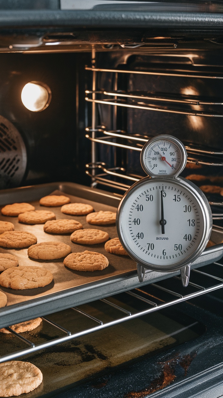 Baking cookies in the oven with a timer.