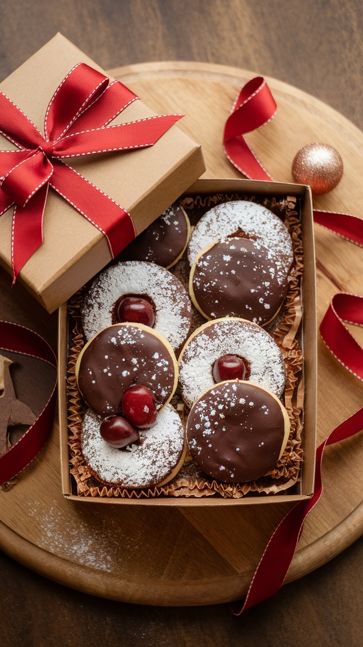 A festive gift box filled with chocolate cherry cordial cookies, decorated with a red ribbon.