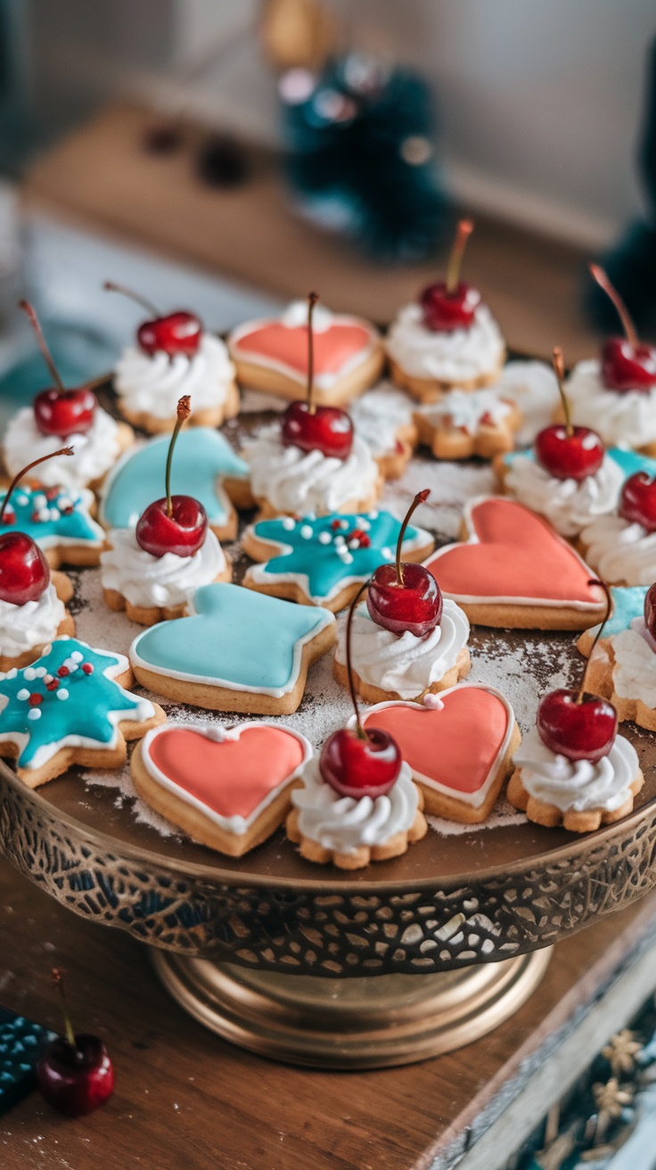 A tray of decorated cookies with whipped cream and cherries on top.