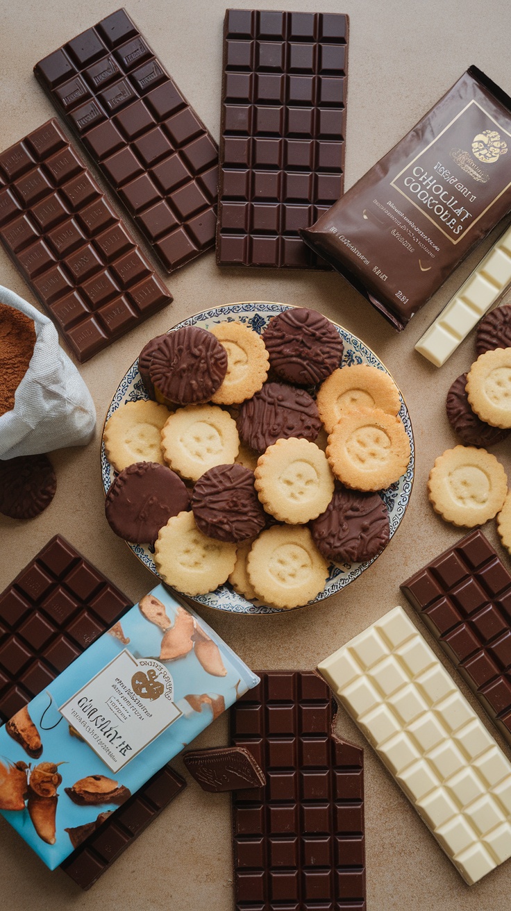 A variety of chocolates and cookies arranged on a table