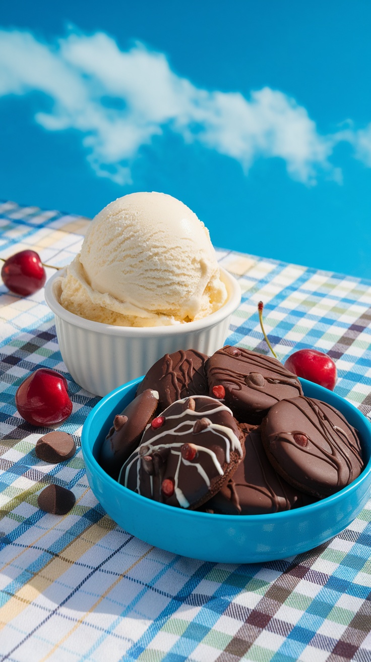 Classic Chocolate Cherry Cordial Cookies paired with vanilla ice cream.