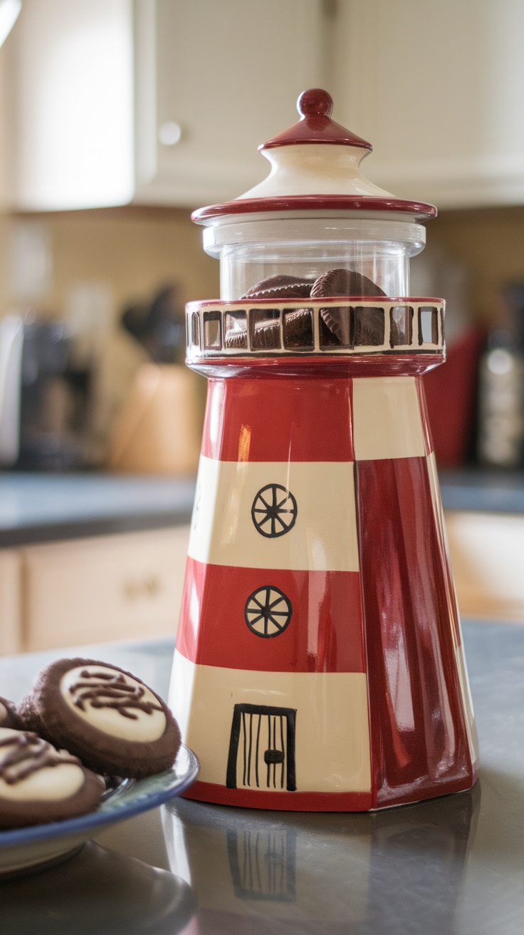 A lighthouse-shaped cookie jar filled with chocolate cherry cookies on a kitchen counter.