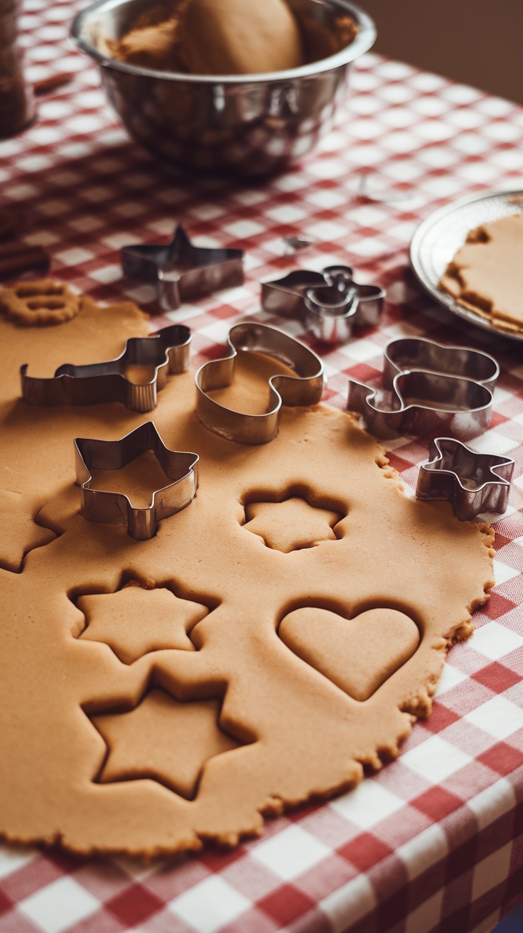 Baking setup with cookie cutters and rolled dough ready for cutting into shapes.