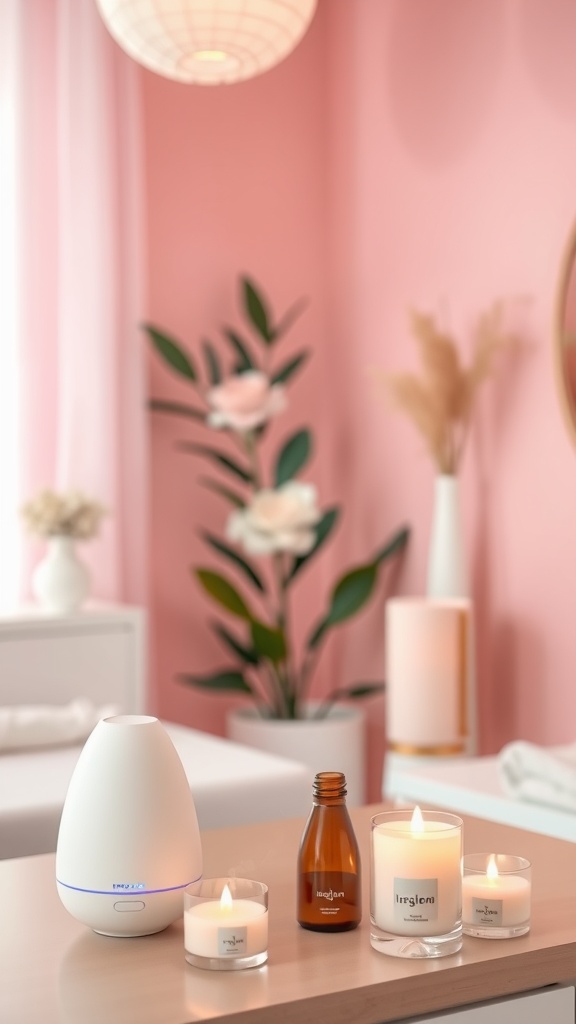 A pink esthetician room featuring an aromatherapy diffuser, essential oil bottles, and candles, creating a calming atmosphere.
