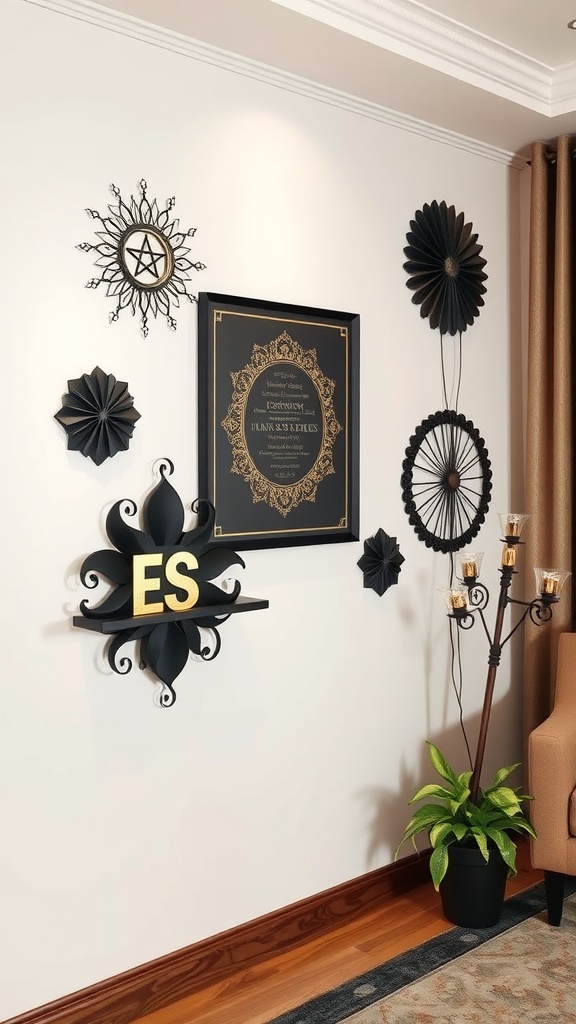 Artistic wall decor in black and gold featuring various shapes and styles.