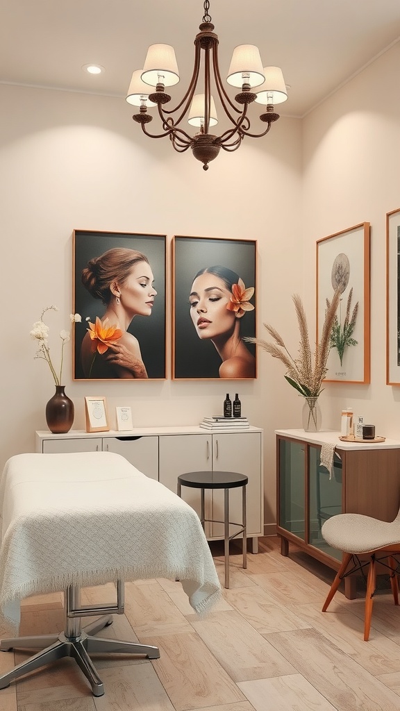 An esthetician room featuring artistic wall decor with two portraits of women and elegant lighting.