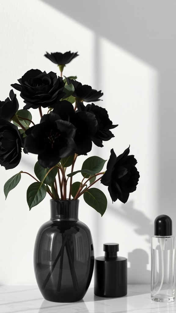A vase filled with black flowers next to black and clear aesthetic bottles.