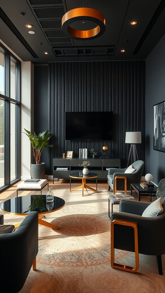 A stylish black and gold esthetician consultation area with comfortable seating and modern decor.