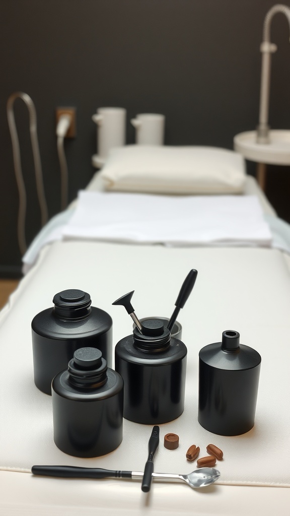 Black ceramic jars and tools arranged on a white table in an esthetician room