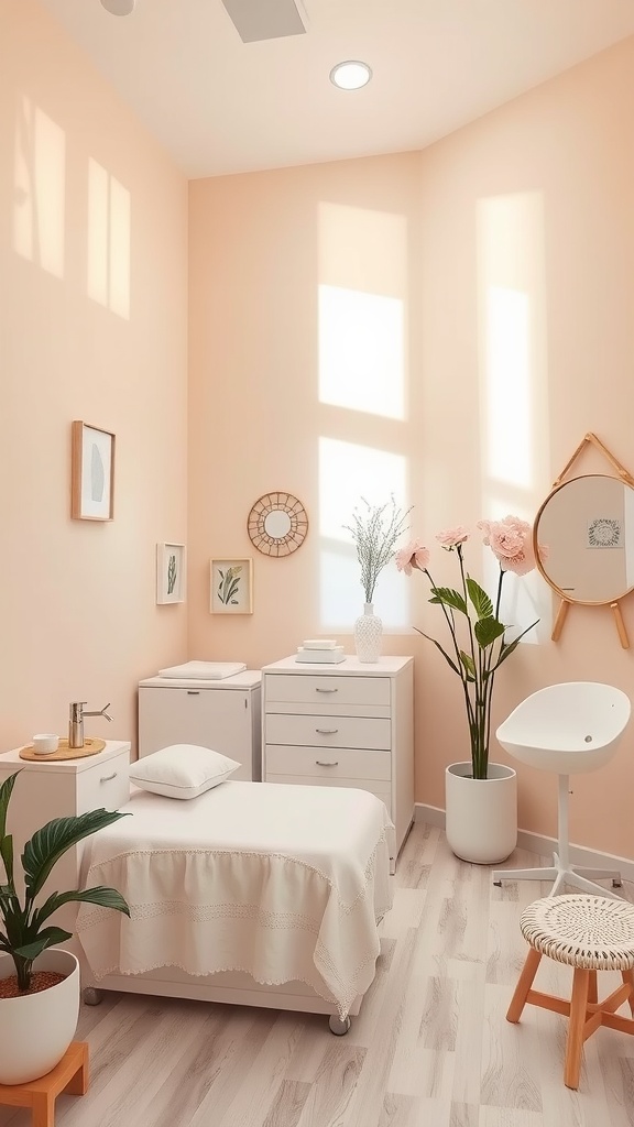 A well-decorated esthetician room with calming peach walls, a treatment bed, and decorative plants.