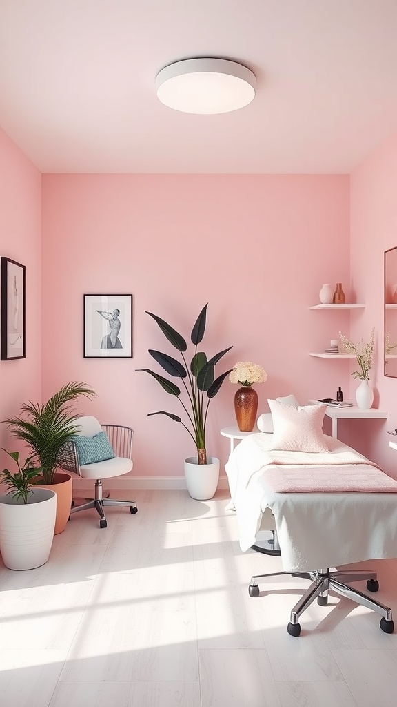 A calming pink esthetician room featuring soft pink walls, plants, a treatment table, and warm lighting.